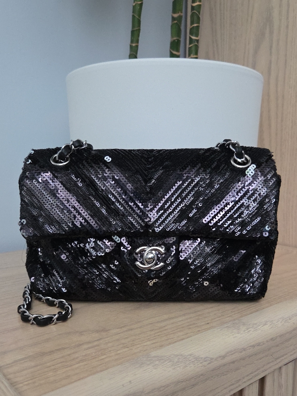 CHANEL Chevron Sequin Classic Medium Flap Shoulder Bag In Black